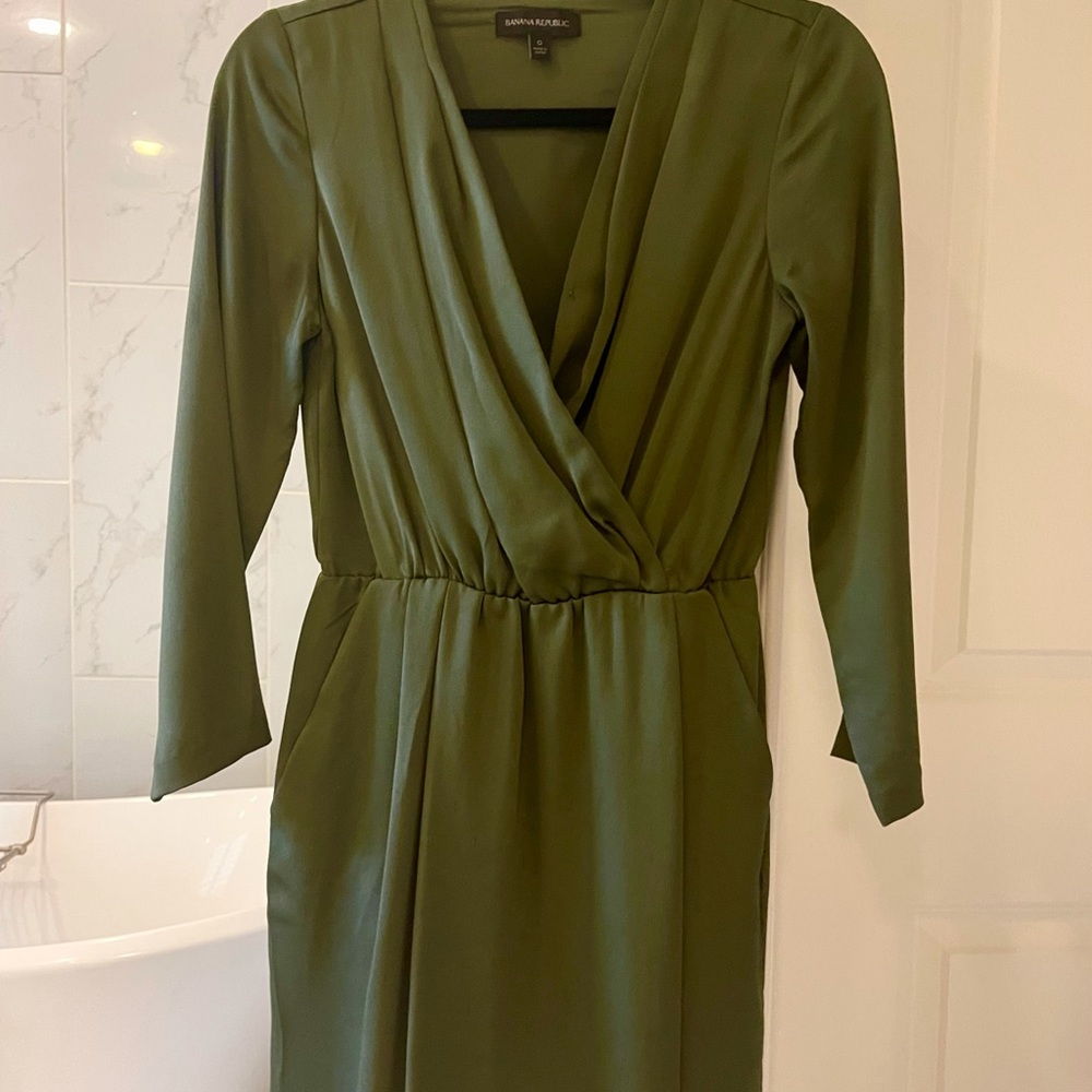 Banana Republic Olive Satin Cinch Waist Mini Dress